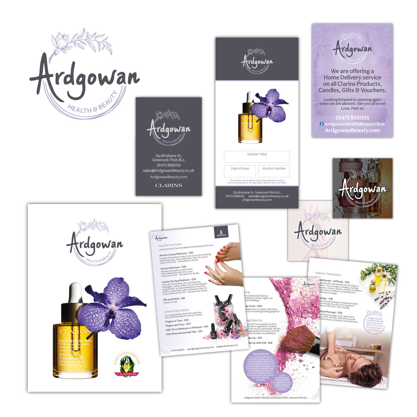 Images of logo, stationery and brochure. All are in the corporate style of grey and lilac with the Ardgowan logo - handwritten typeface within a circular border with floral illustrations. The photography used is colourful and portrays beauty techniques, make-up and flowers.
