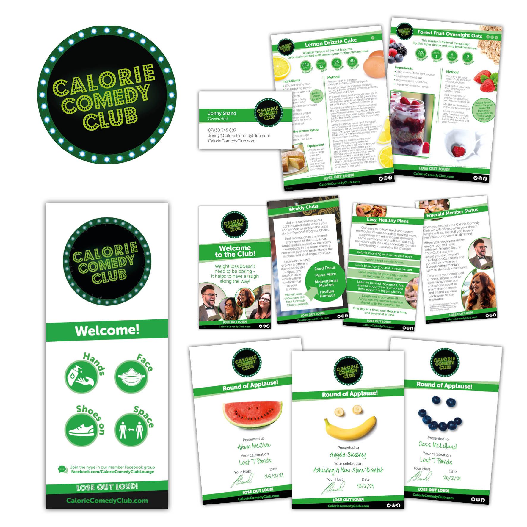 Images of logo, stationery, leaflets and banners in the corporate style of green, black and white. The logo looks like stage spotlights with lime green text. The style is light hearted with playful images of fruit faces, people laughing and colourful text.