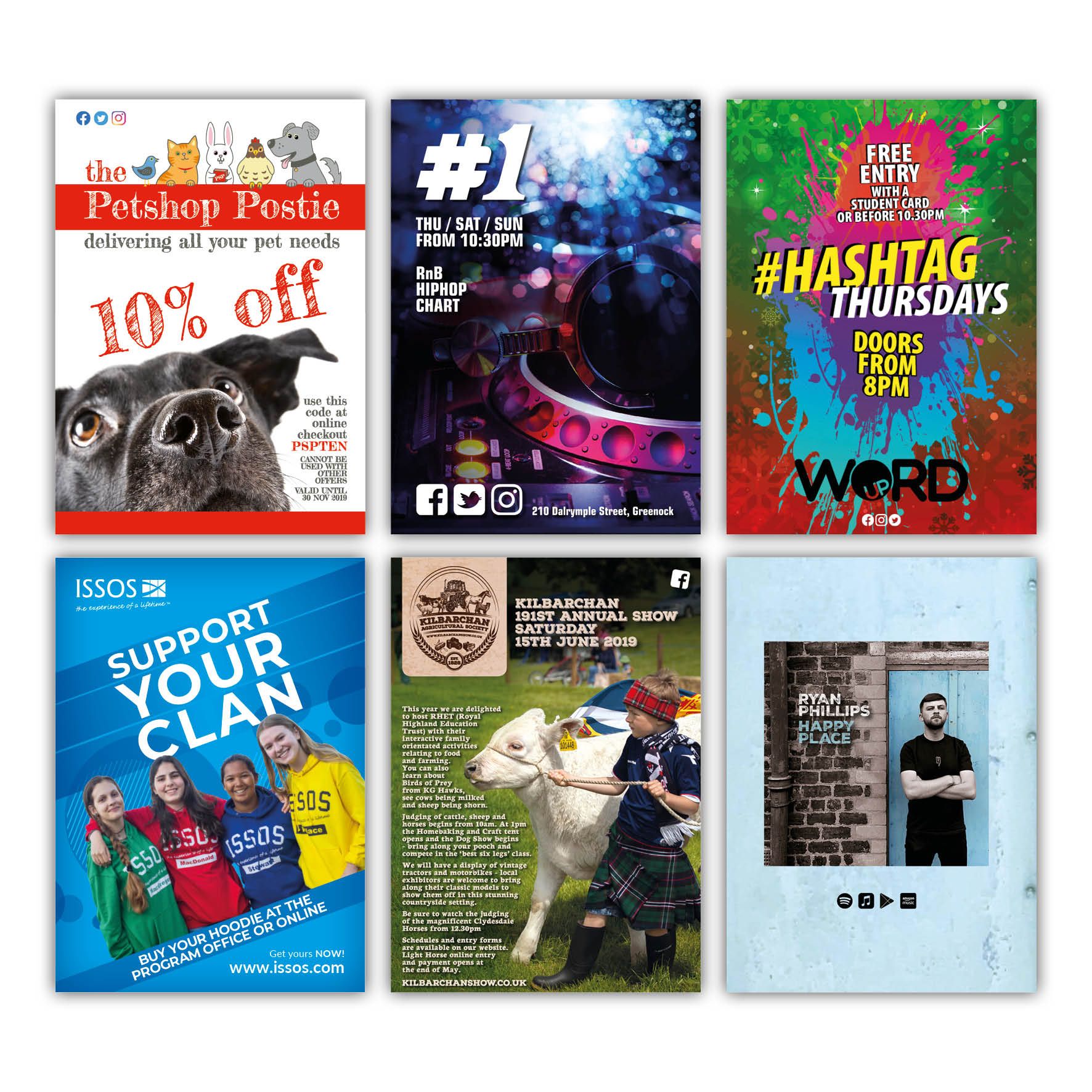 Images showing different styles of flyers in a variety of colours and layouts, all matching the branding style of each business.