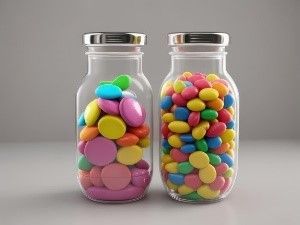 Two clear glass jars filled with colorful, round candy on a plain, light gray background.