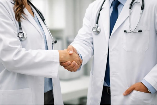 Two doctors in white lab coats and stethoscopes standing with their arms crossed in a clinical setting.