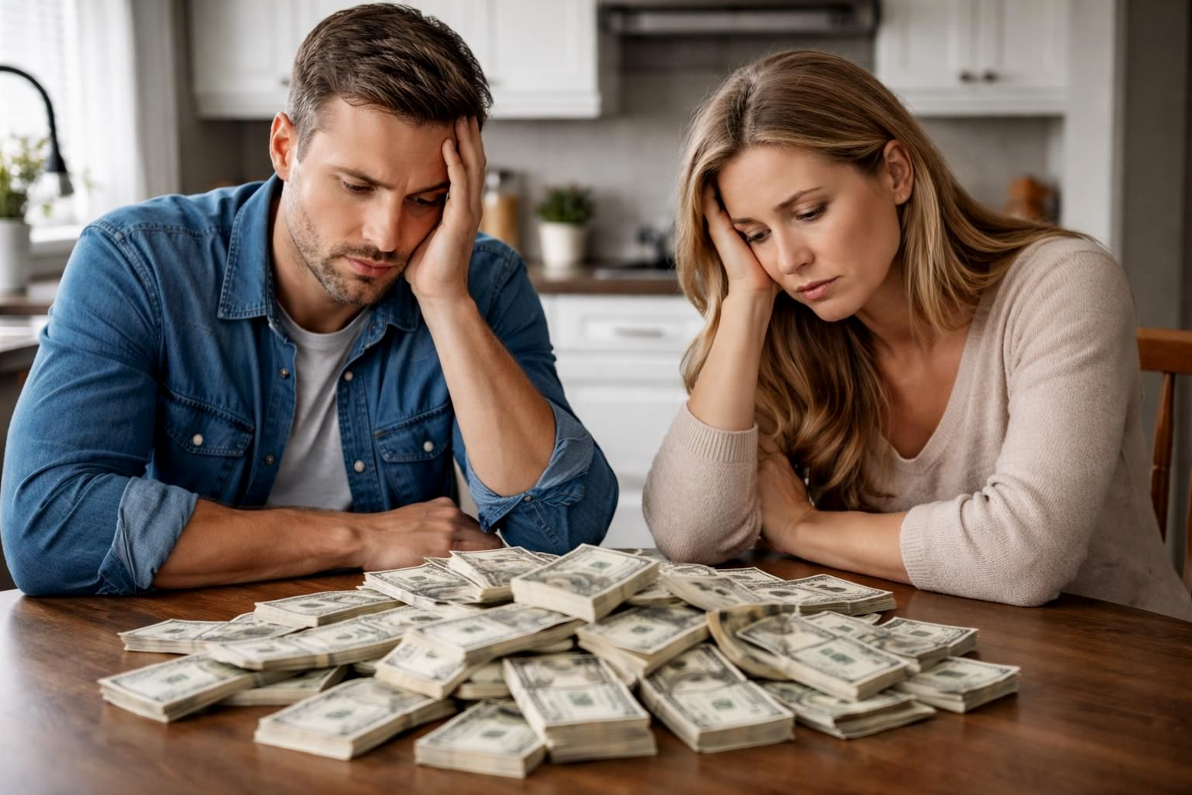 Two worried people sit at a table covered with stacks of cash in a kitchen.
