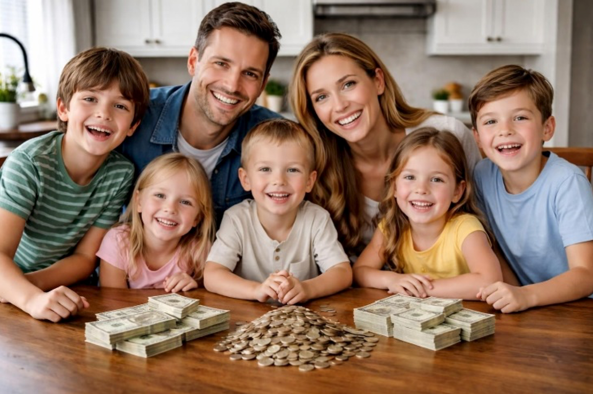 Family smiling around stacks of money at a kitchen table