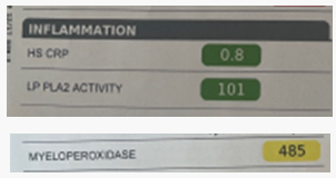 A lab report section showing inflammation test results: HS CRP 0.8, LP PLA2 Activity 101 in green, and Myeloperoxidase 485.
