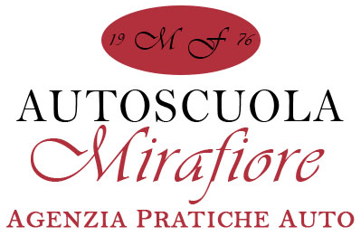 Logo for Autoscuola Mirafiore, with text on a maroon oval: 