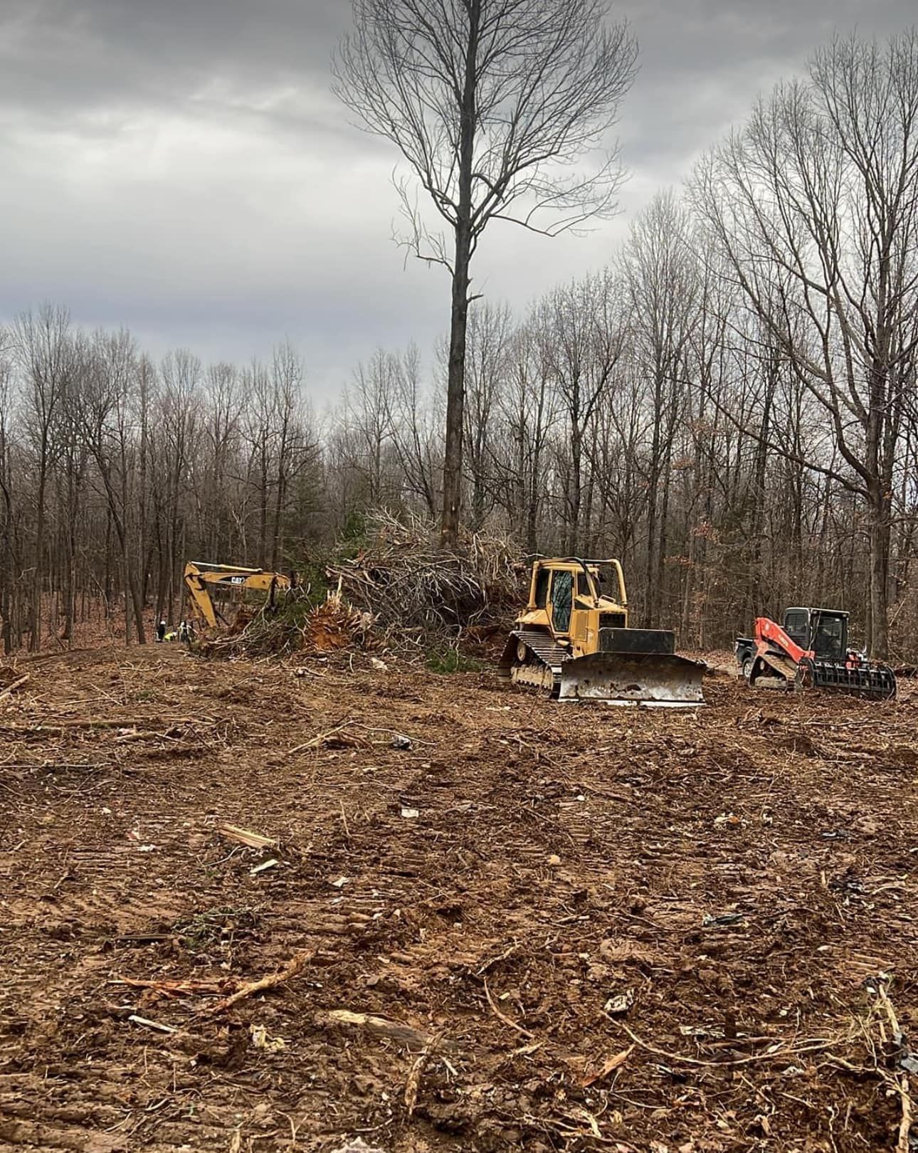 A clearing in a wooded area showing bare, leveled soil with tire tracks, a pile of brush, and distant trees under blue sky.