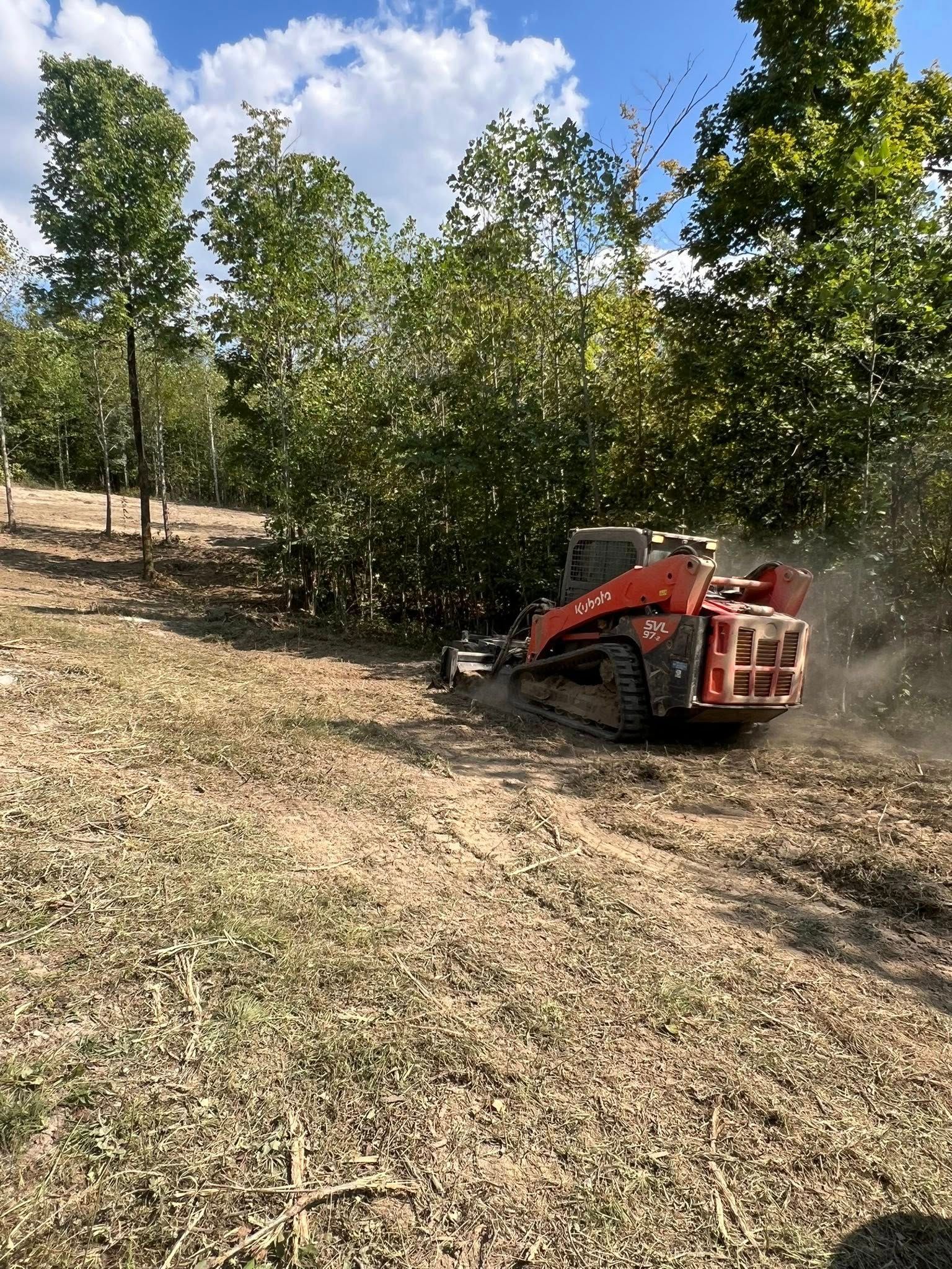 An orange tracked skid steer mulches brush along a wooded tree line on a sunny day.