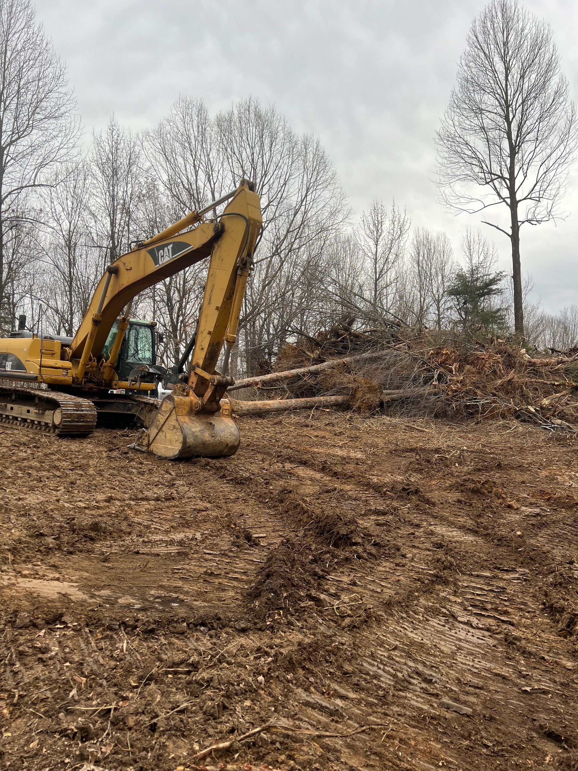 Yellow excavator parked on a cleared, muddy hillside next to a pile of brush and trees under a cloudy sky.