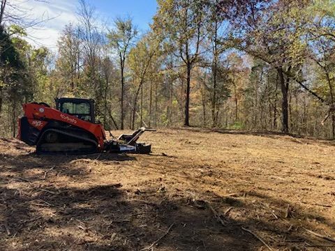 An orange Kubota track loader clears a dirt lot in a wooded area on a sunny day.
