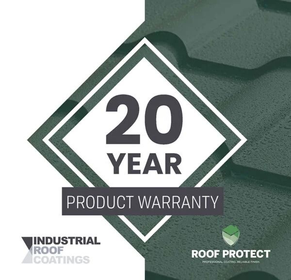 20-year product warranty badge with green diamond border and roof coating logos