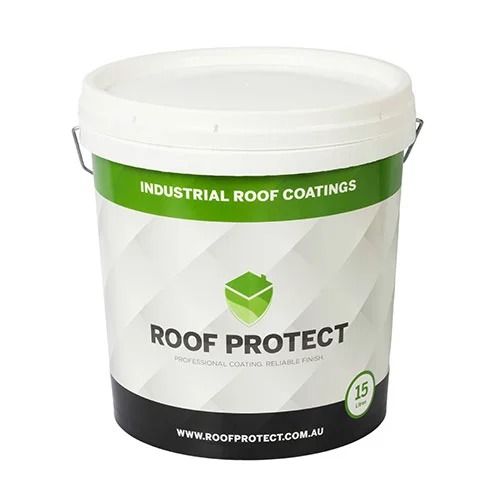 White bucket of Roof Protect industrial roof coating with green and black label on a white background