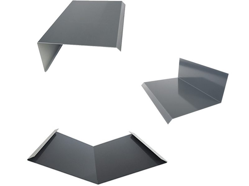 Three views of a gray folded sheet metal bracket on a white background