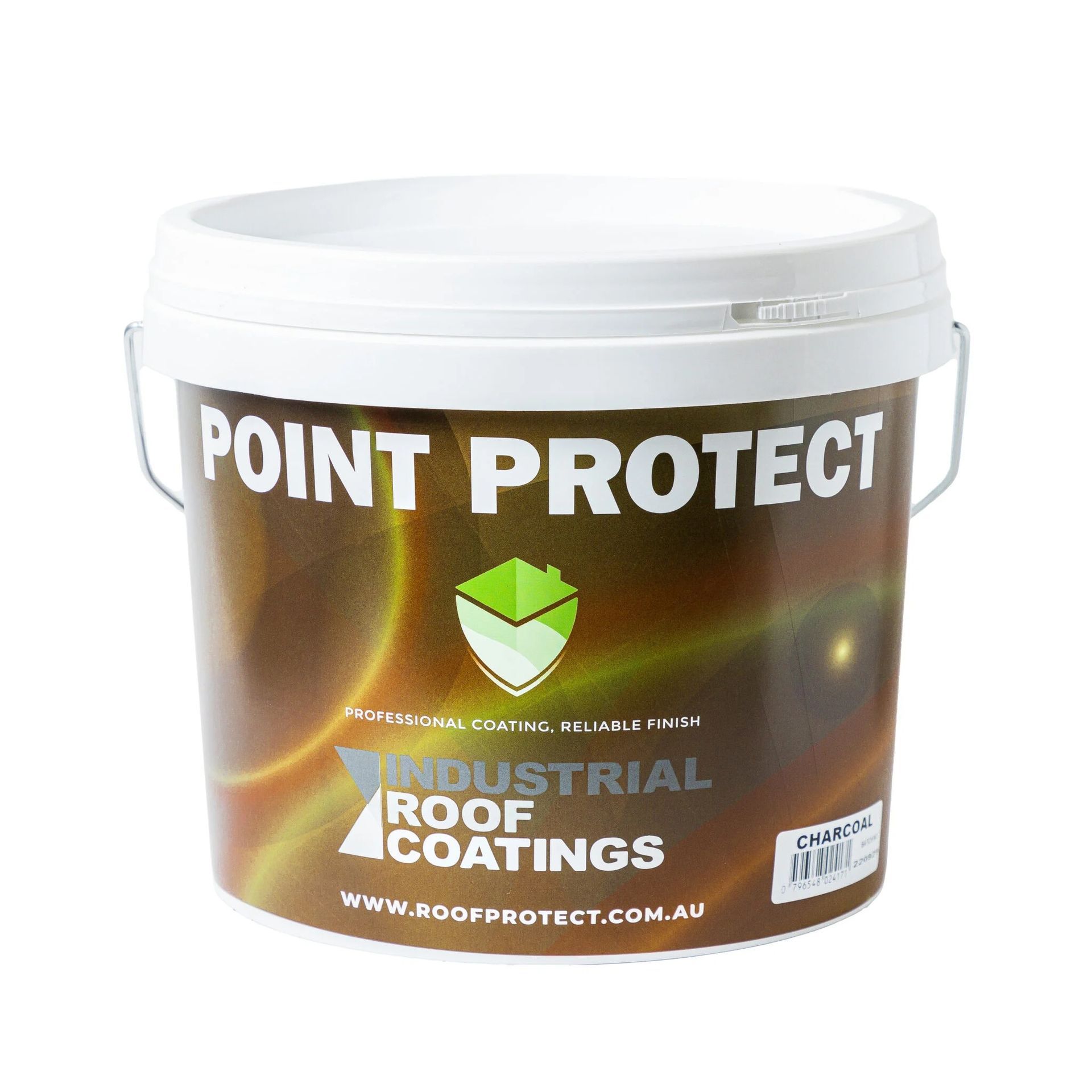 White bucket of Point Protect industrial roof coatings with brown label and green shield logo