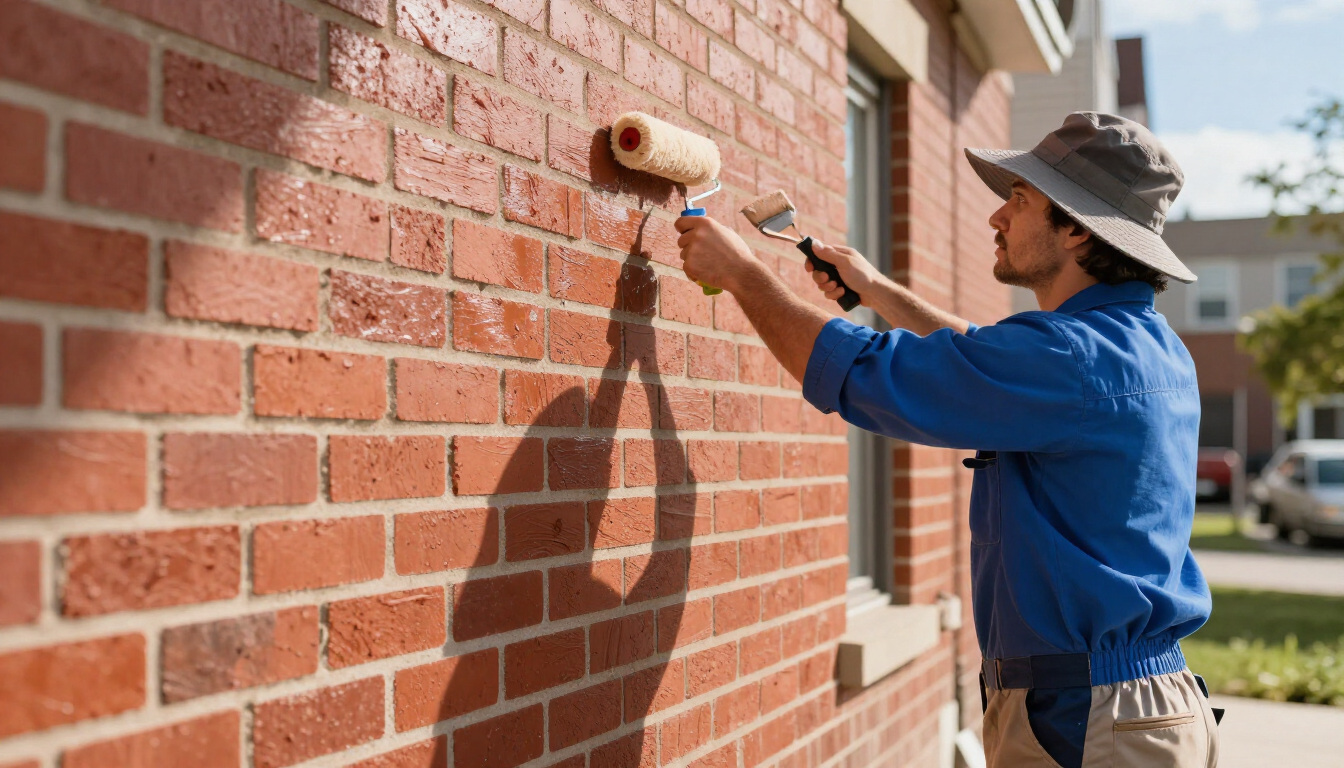 Painter working on brick wall