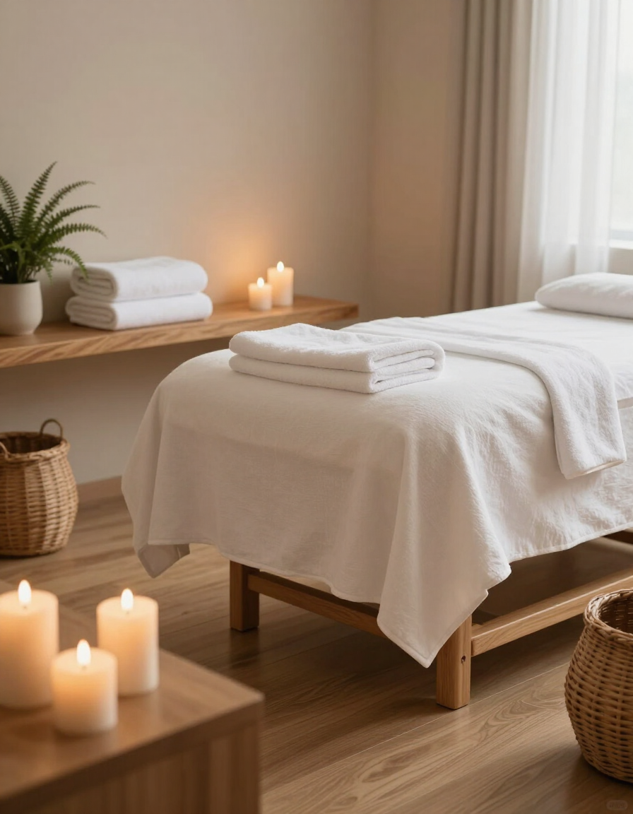 Ambiente spa rilassante con candele, asciugamani e decorazioni neutre.