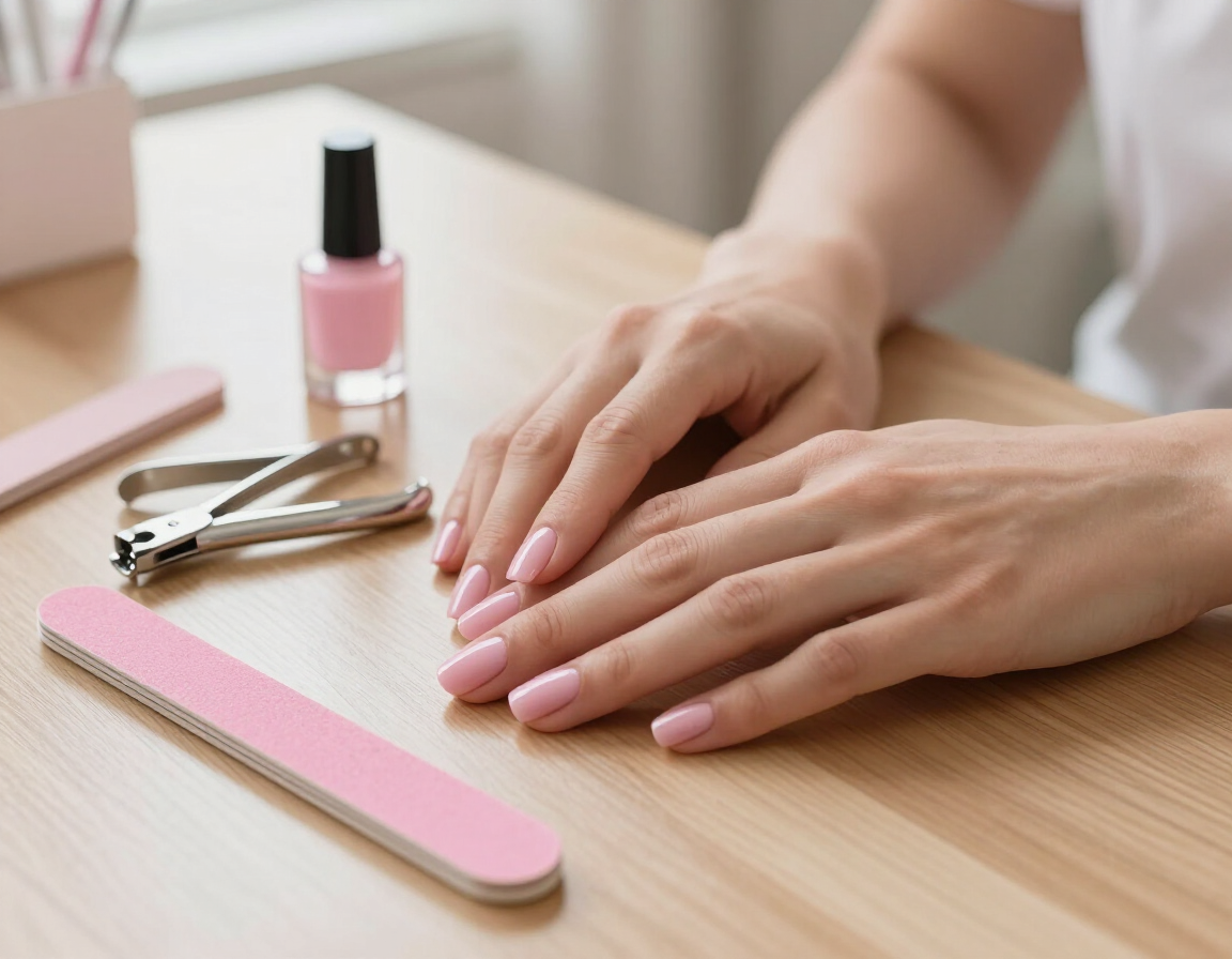 Manicure professionale con strumenti ordinati e smalto curato.