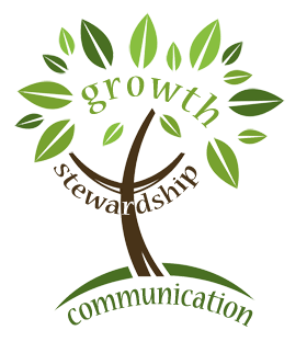 Green tree icon made of leaves with the words growth, stewardship, and communication around it