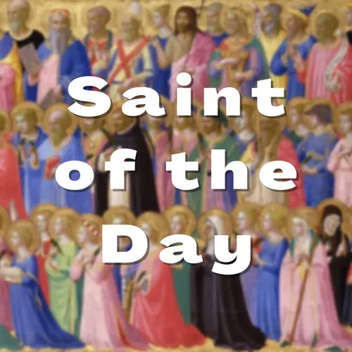 Saint of the Day text over a colorful painting of many haloed figures in robes