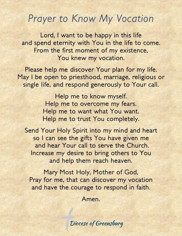 Prayer to Know My Vocation prayer card with devotional text and a small illustration of a cross and flowers on beige paper