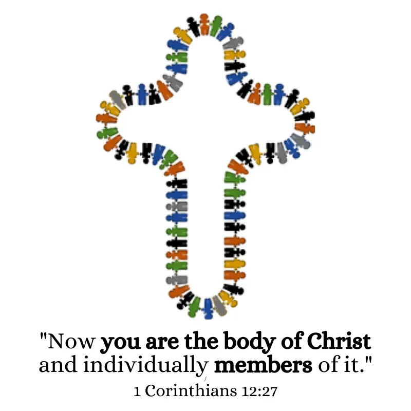 Cross-shaped puzzle of colorful people with Bible verse: “Now you are the body of Christ.”