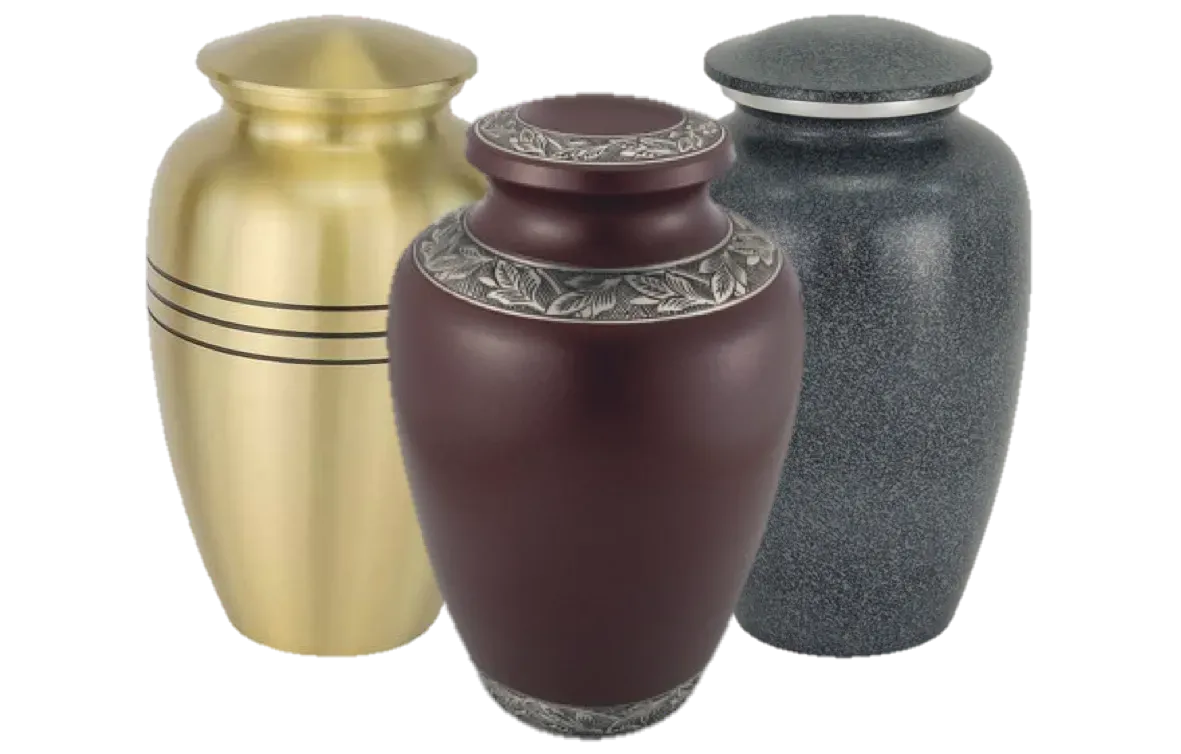 Three decorative urns in gold, burgundy, and dark gray with metallic accents