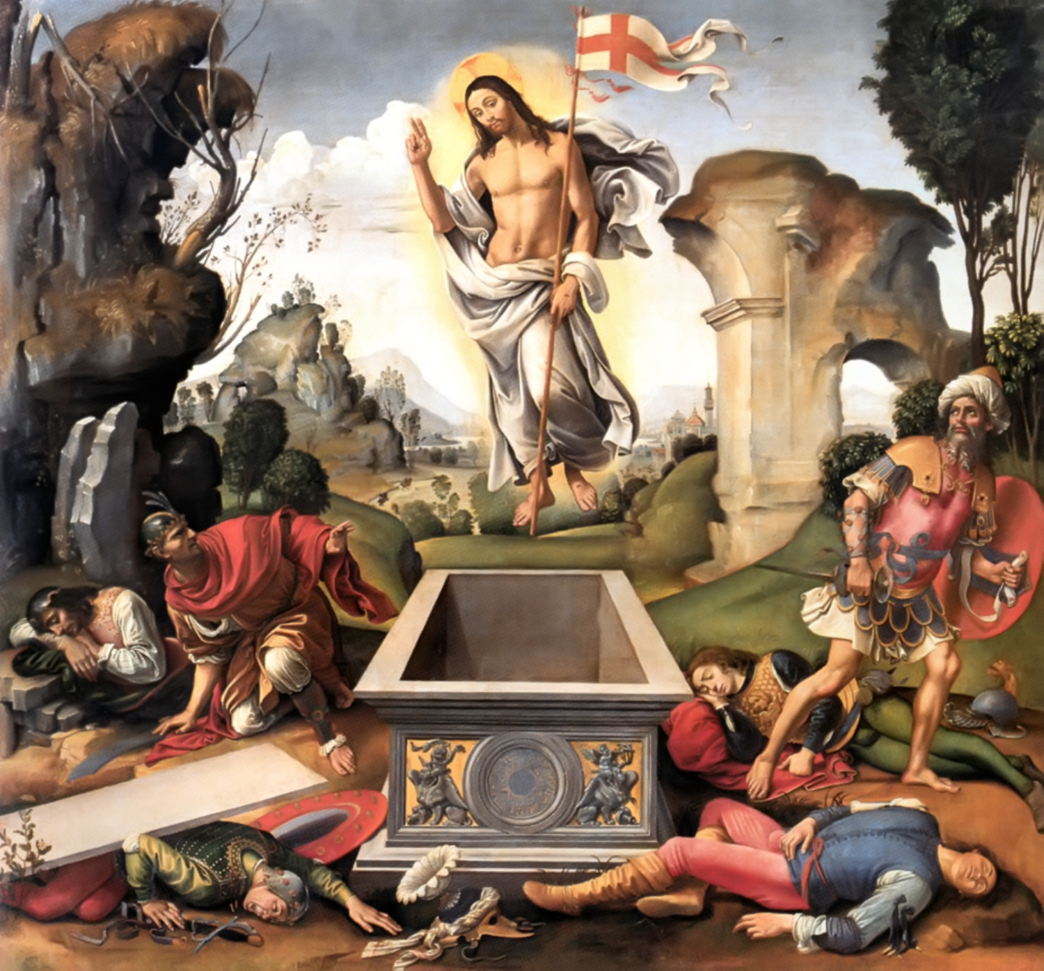 Resurrected Christ rises from tomb amid fallen soldiers in a dramatic religious scene