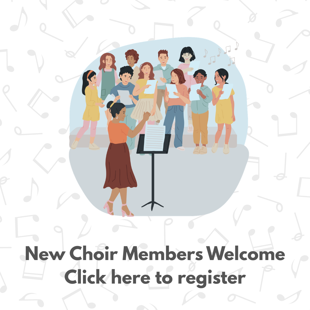 Choir members holding a purple sign that says “New Choir Members Welcome! Sign up here!”