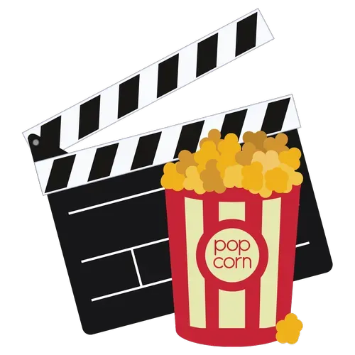 Black-and-white clapperboard with a red popcorn bucket filled with popcorn