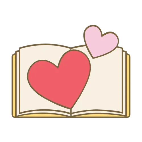 Open book with two hearts, one red and one pink, on a white background