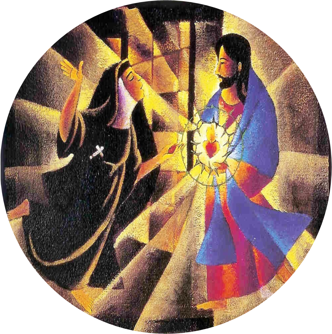 Two figures facing a bright glowing center, one in dark robes and one in blue and red within a circular abstract scene