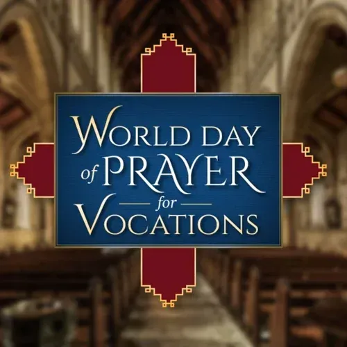 World Day of Prayer for Vocations poster with blue and red church-style design