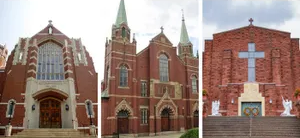 Three views of a red-brick church with tall spires and a large cross on the front facade.