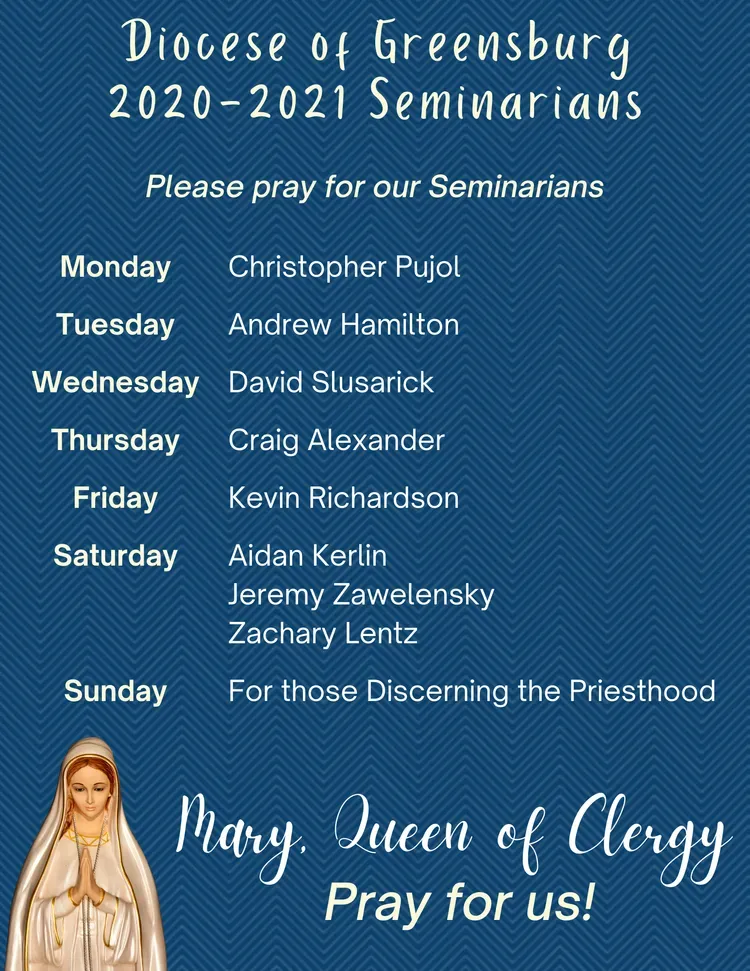 Diocese of Greensburg 2020–2021 seminarians prayer card with Marian image and names list