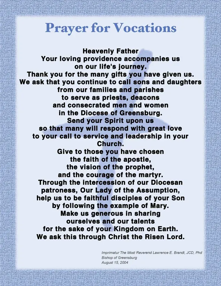Blue “Prayer for Vocations” poster with centered black prayer text and a small church attribution at the bottom