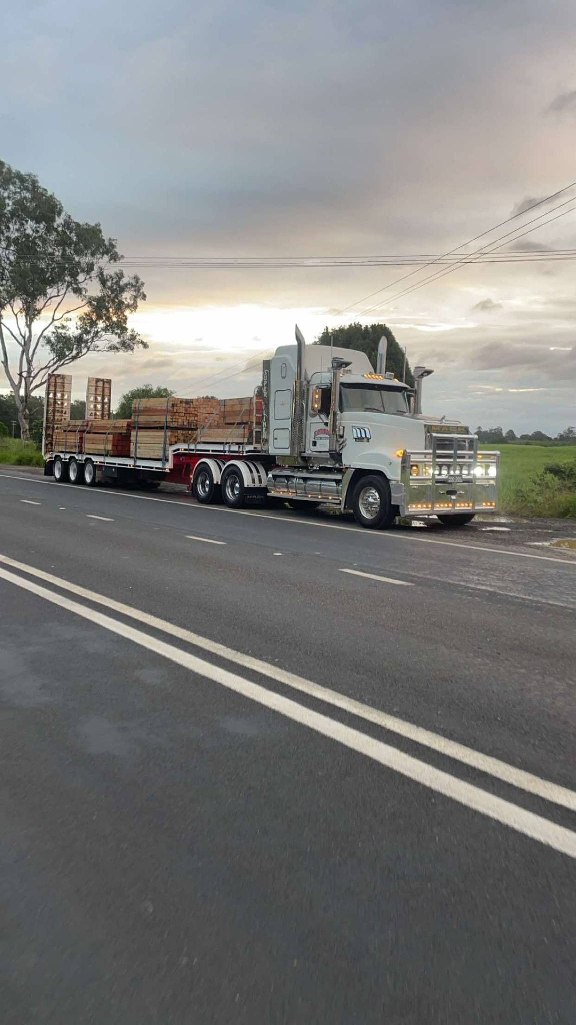 Semi-truck Hauling Lumber on a Rural Road at Dusk Under a Cloudy Sky — Rainbow and Sons Heavy Haulage in Coffs Harbour, NSW