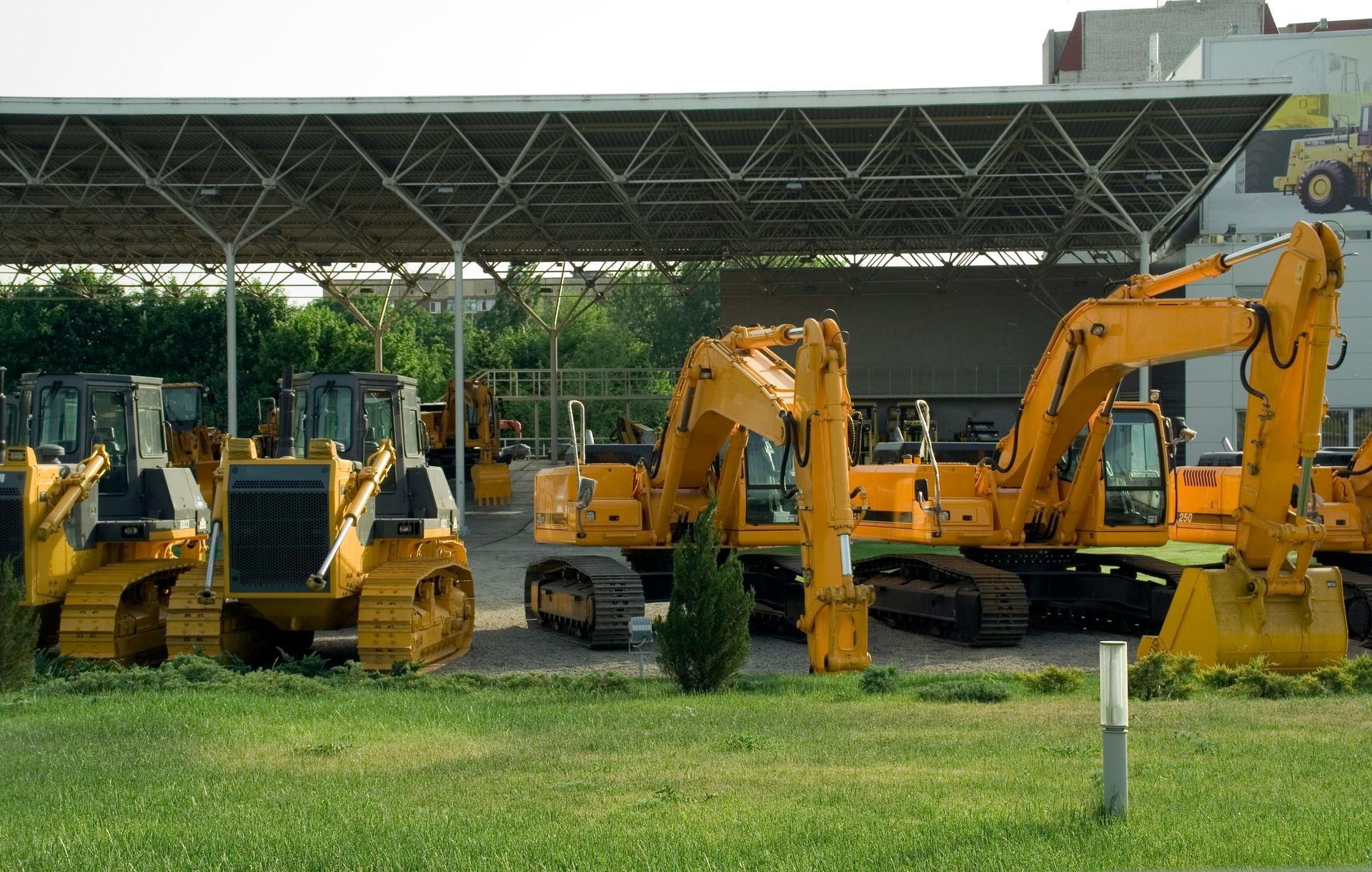 Row of Yellow Excavators Parked on Grass Under a Metal Shelter — Rainbow and Sons Heavy Haulage in Wells Crossing, NSW
