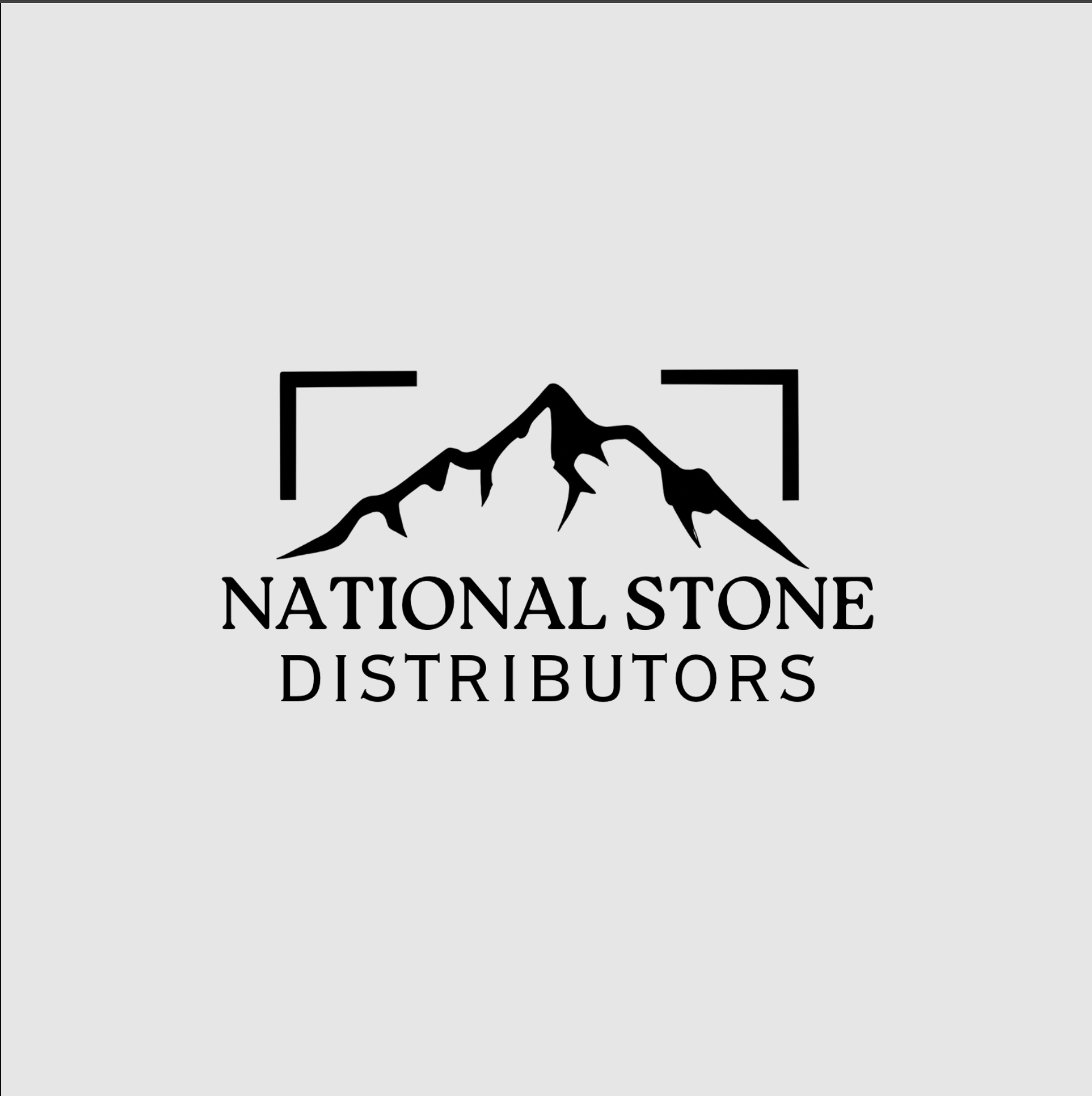 A black and white logo for national stone distributors with a mountain in the background.