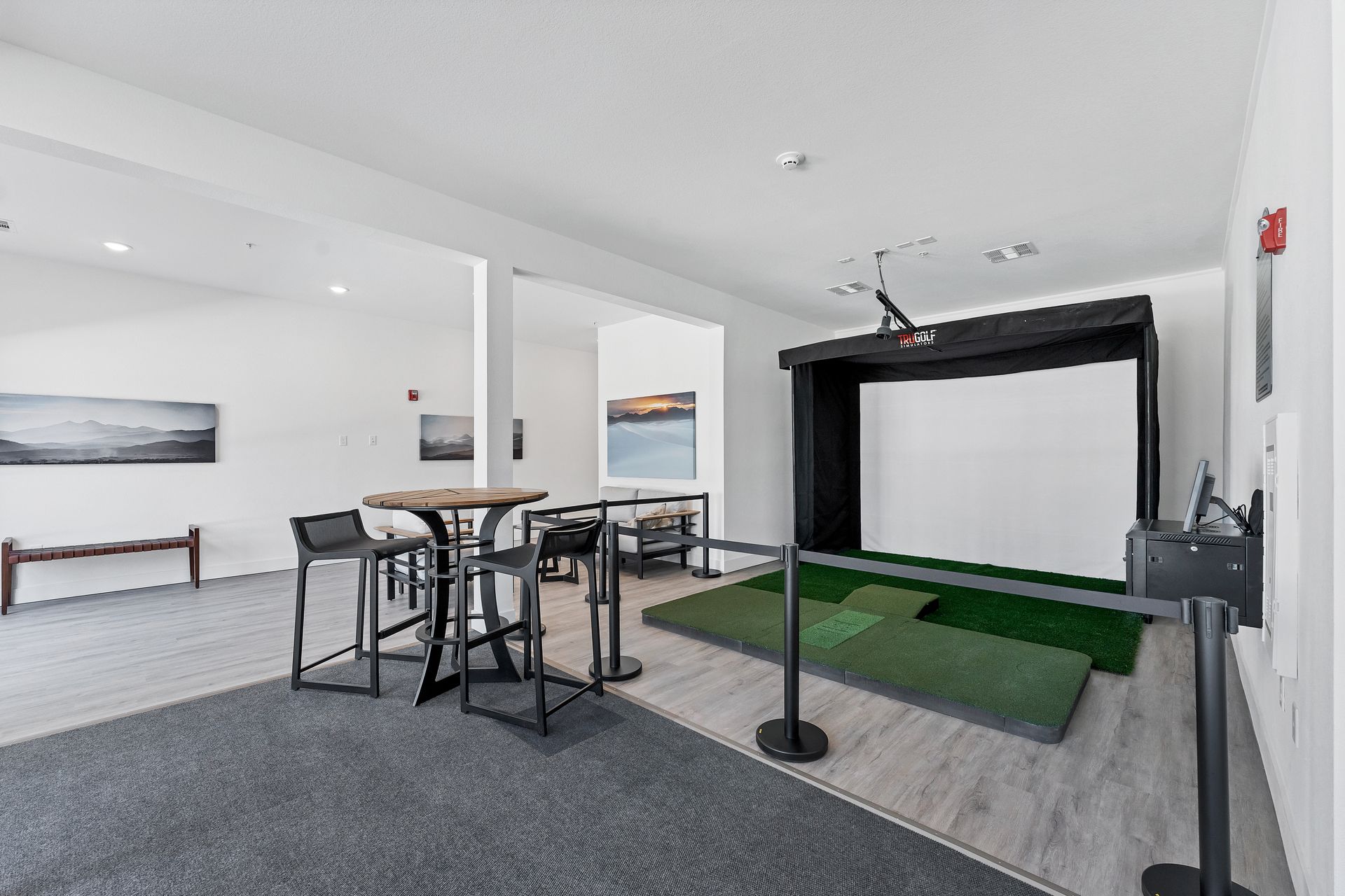 Indoor golf simulator room with netted screen, putting green, and seating area