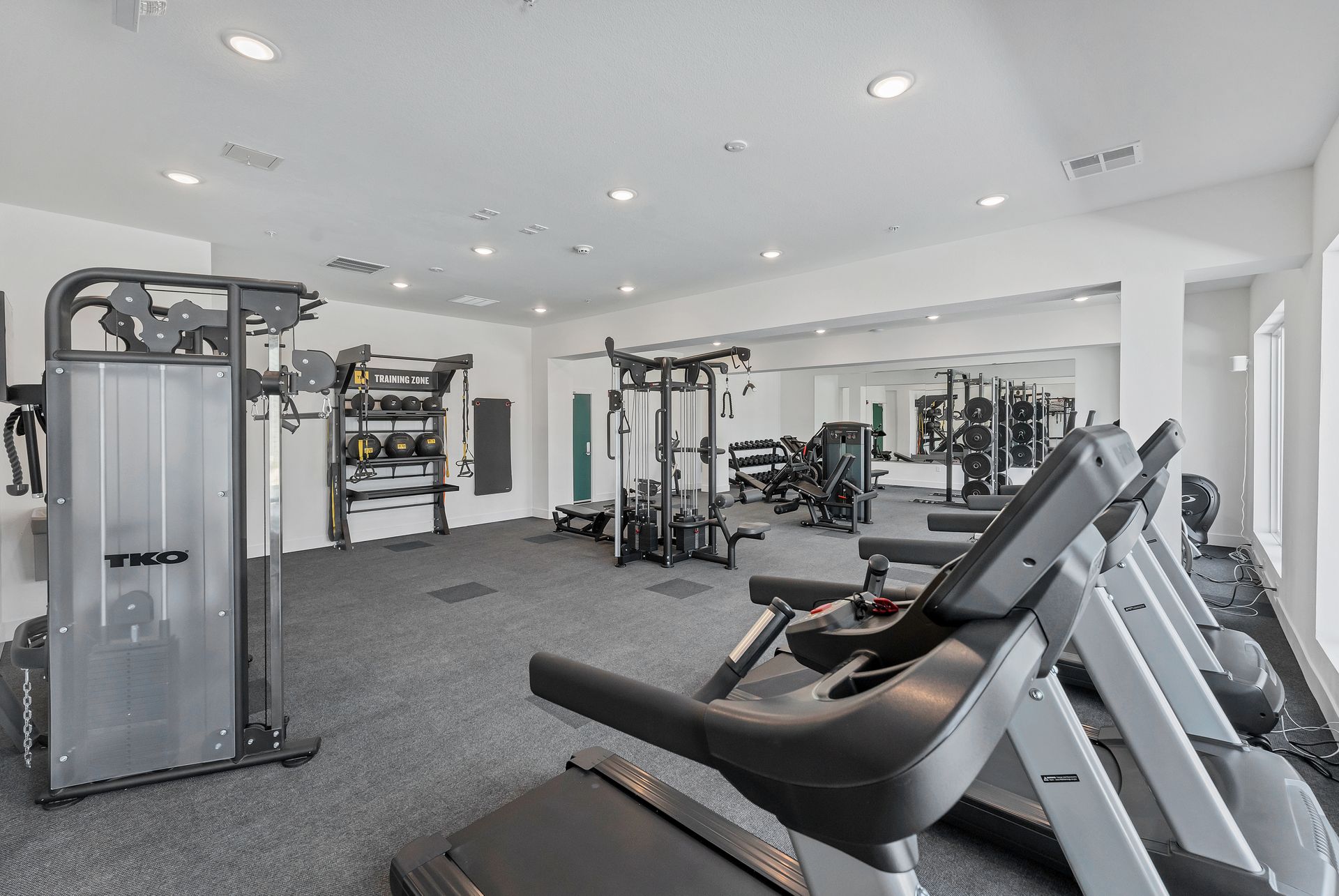 Modern gym with cardio machines, weight equipment, mirrors, and gray carpet in a bright room