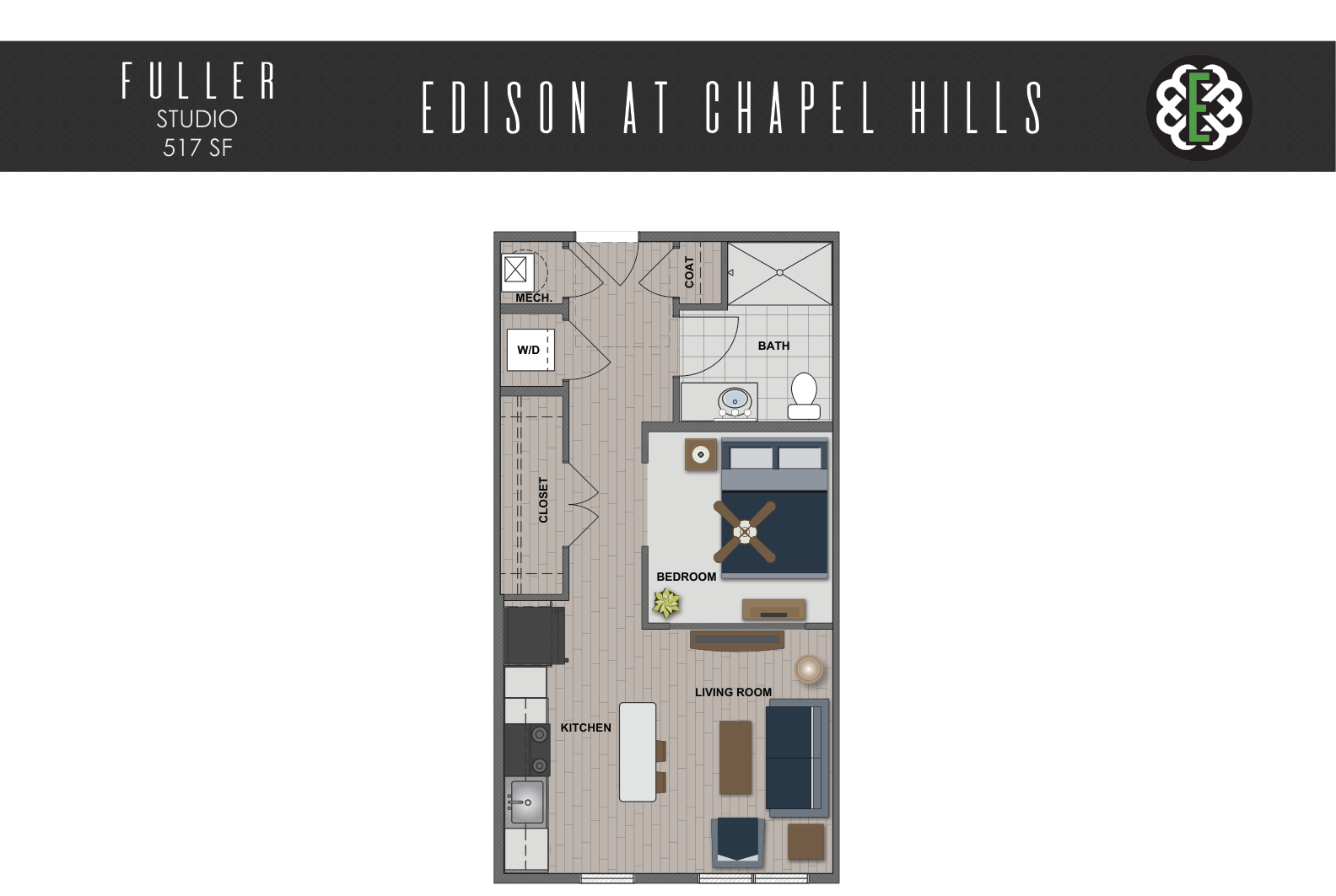Floor plan of a studio apartment with kitchen, bath, bed, sofa, and balcony layout.