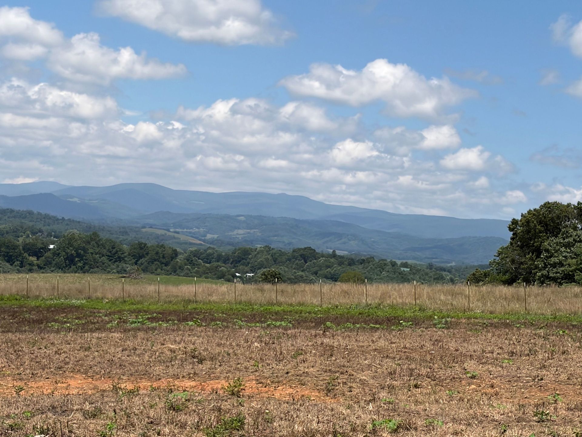 Wide rural field with distant blue mountains under a partly cloudy sky