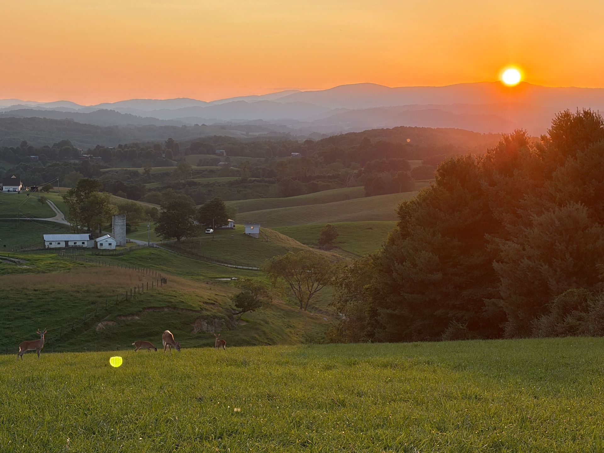 Sunset over rolling green hills with a farmhouse and trees in the distance.