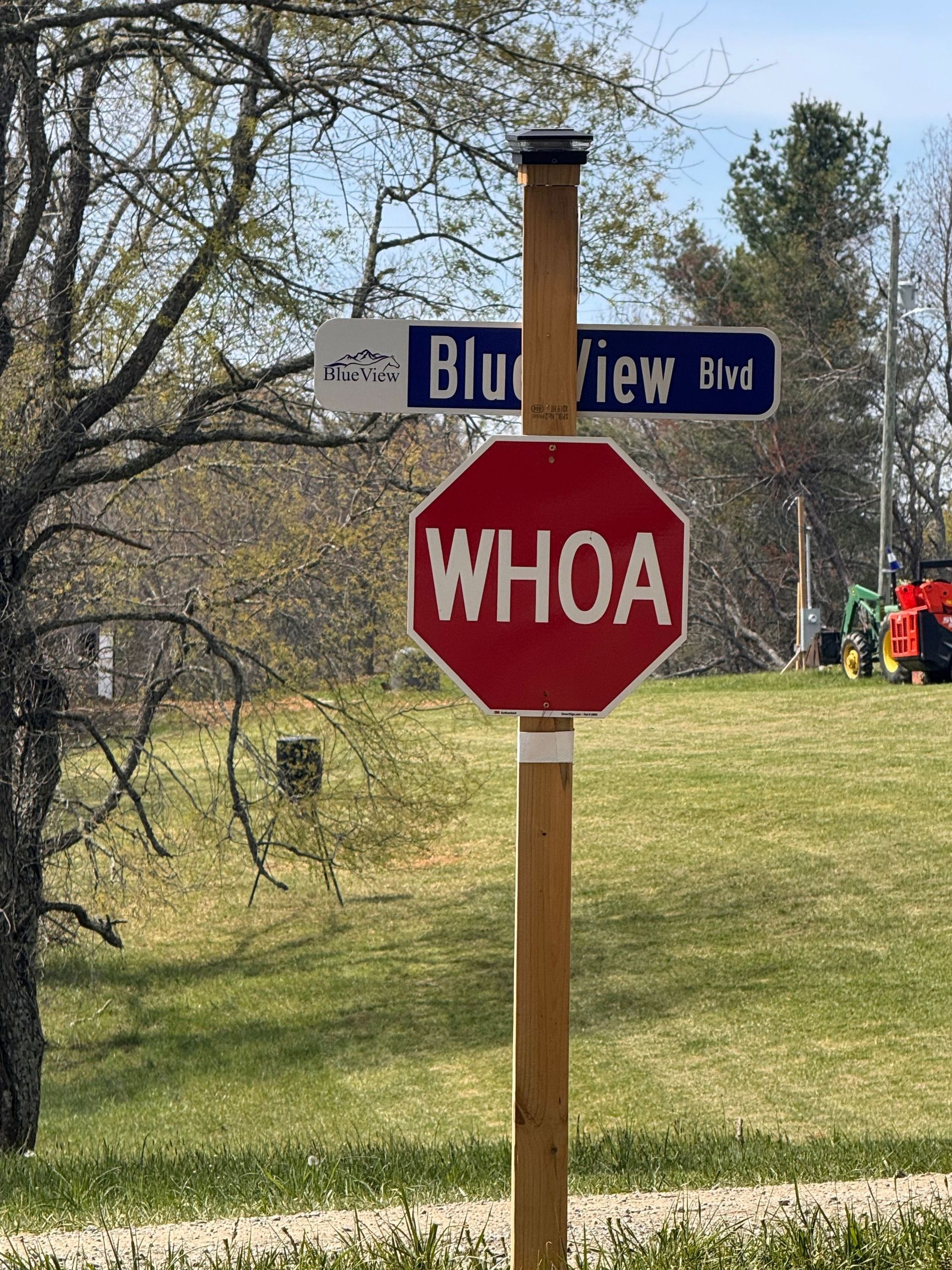 Blueview Blvd street sign above a red stop sign reading “WHOA” on a grassy roadside.