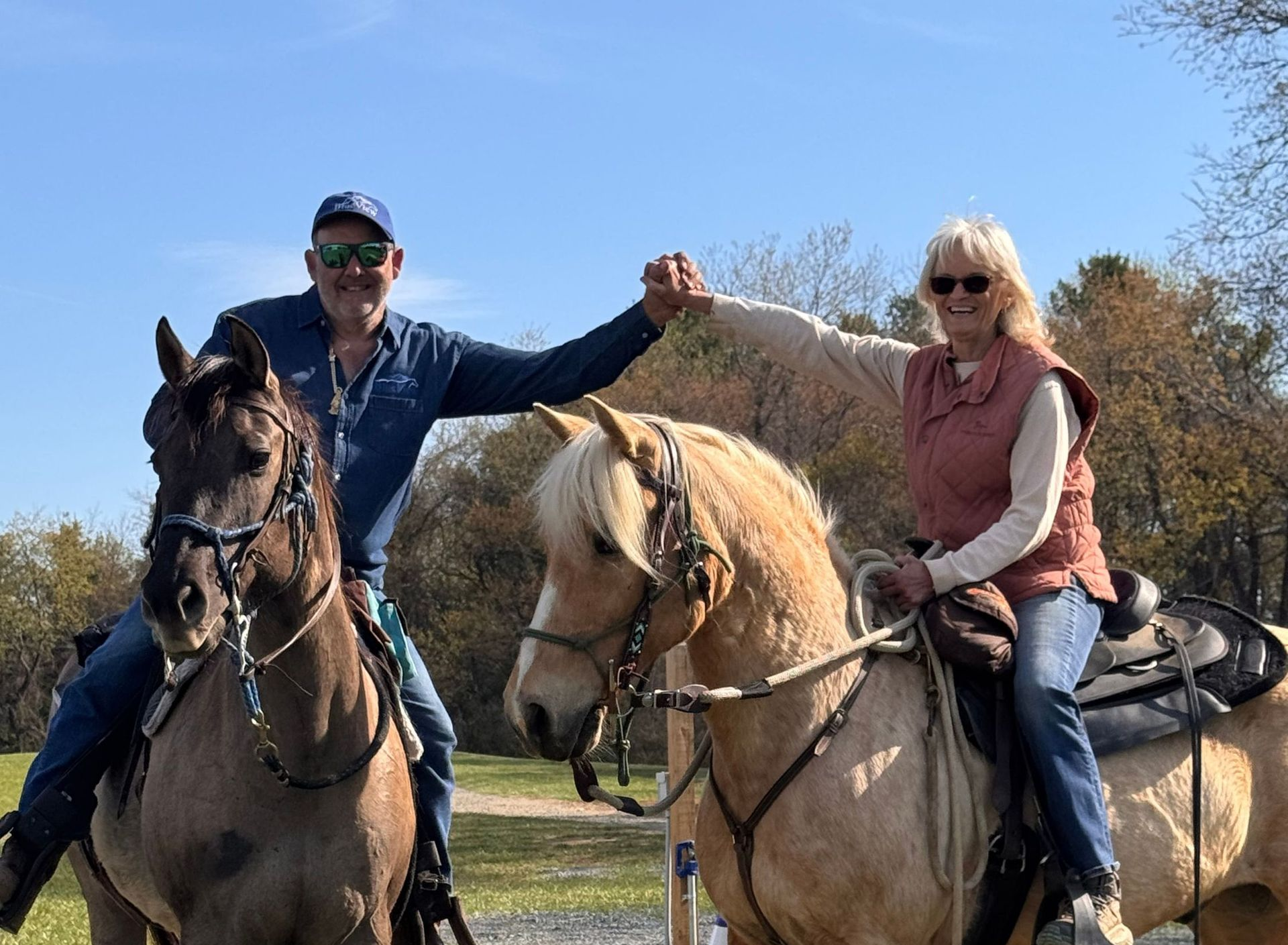 Two people on horseback outdoors, smiling and holding hands under a blue sky