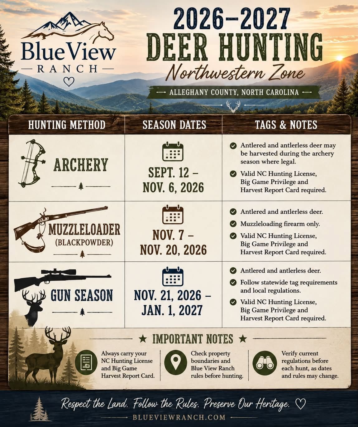 Blue Views Ranch 2026–2027 deer hunting poster with archery, muzzleloader, and gun season dates