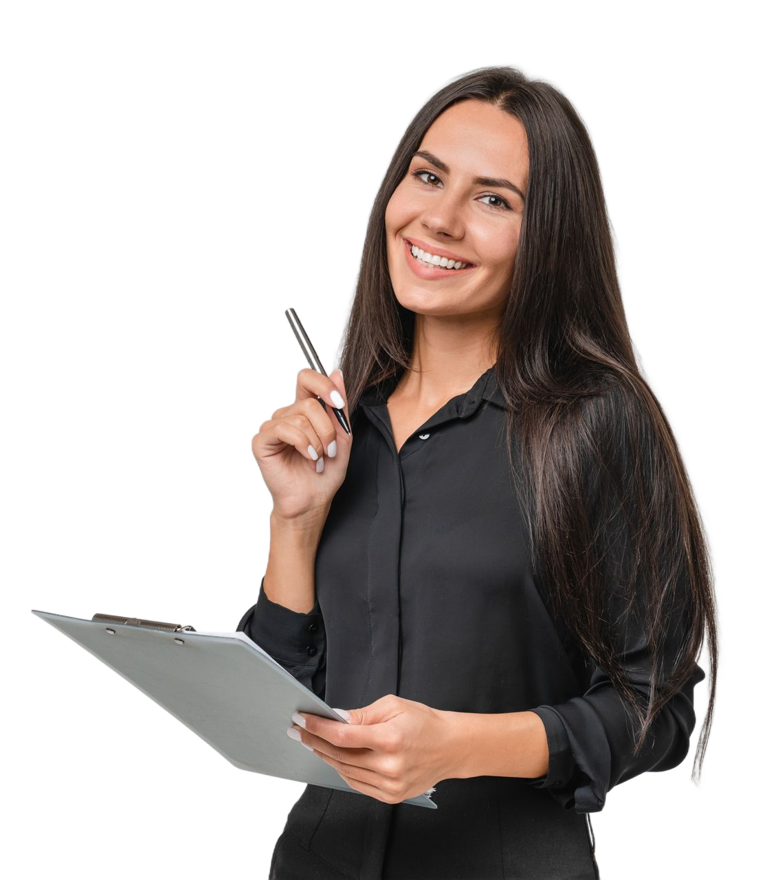 Woman in black shirt smiling, holding a pen and clipboard.