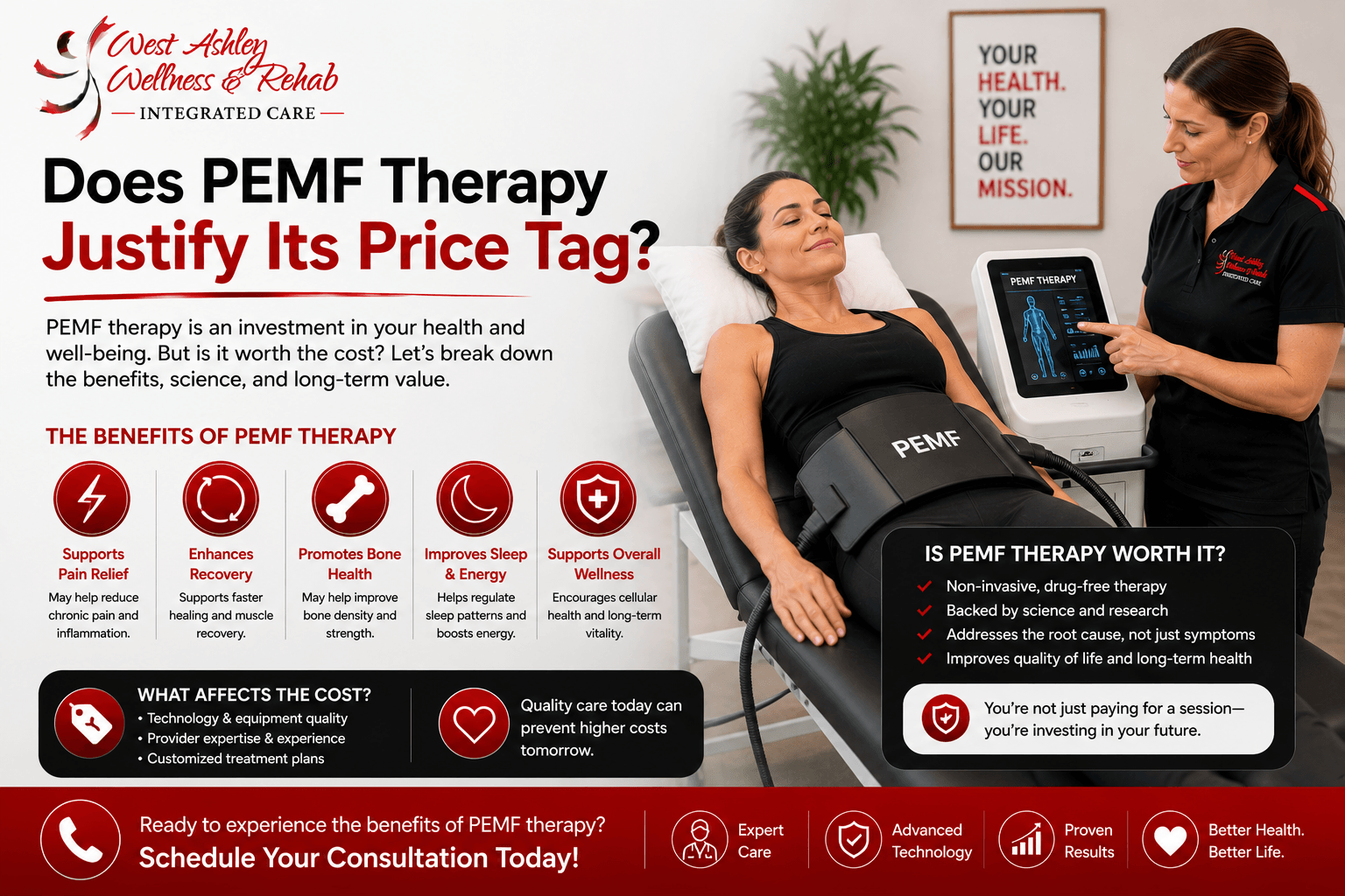 Physical therapist treating a patient with PEMF therapy in a clinic, with promotional text about pain relief