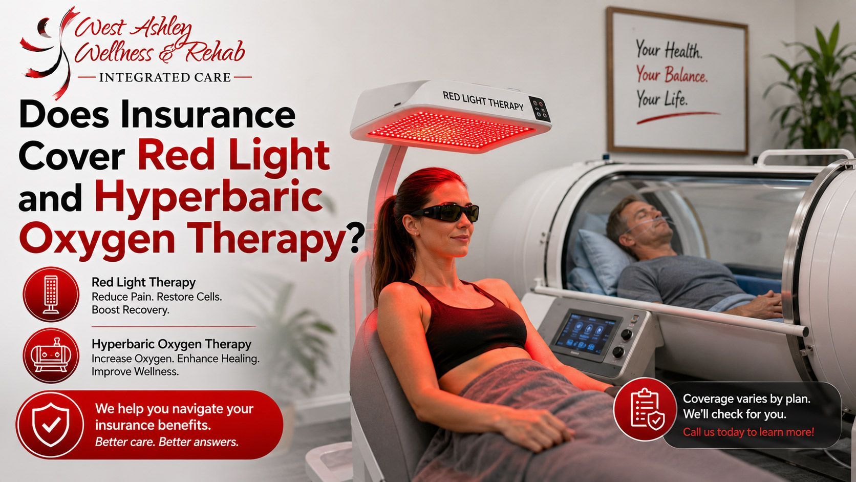 Ad for red light and hyperbaric oxygen therapy, showing a woman in a red light chair and man in a chamber.