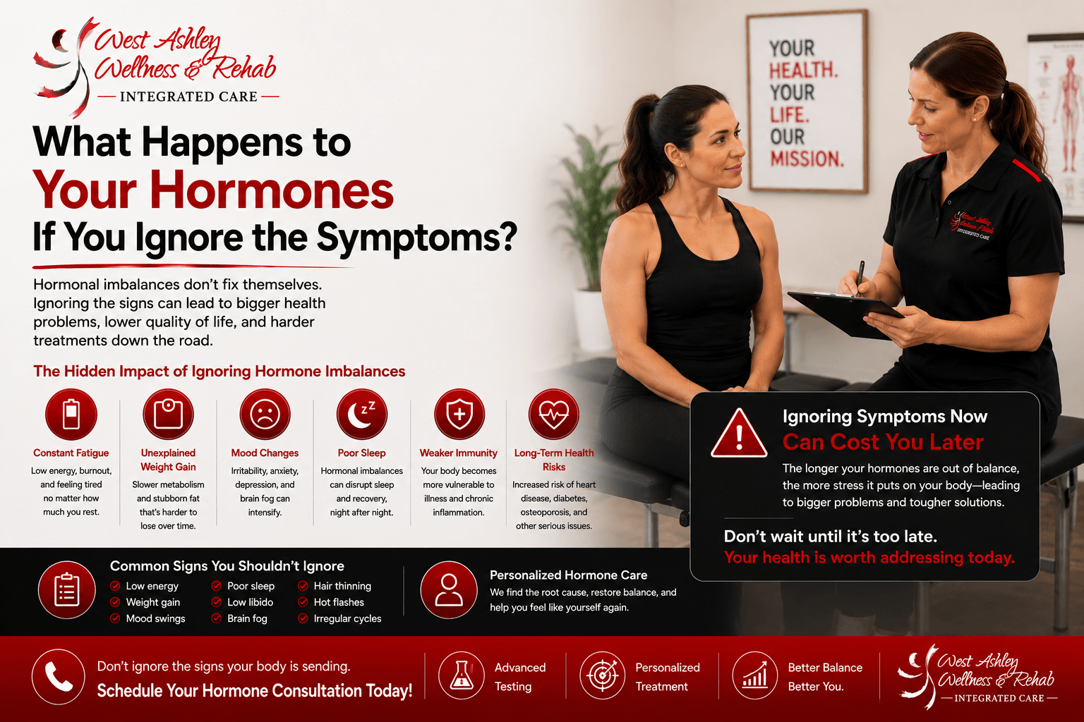 Hormone health poster with woman and doctor, warning signs, red infographic text on white background