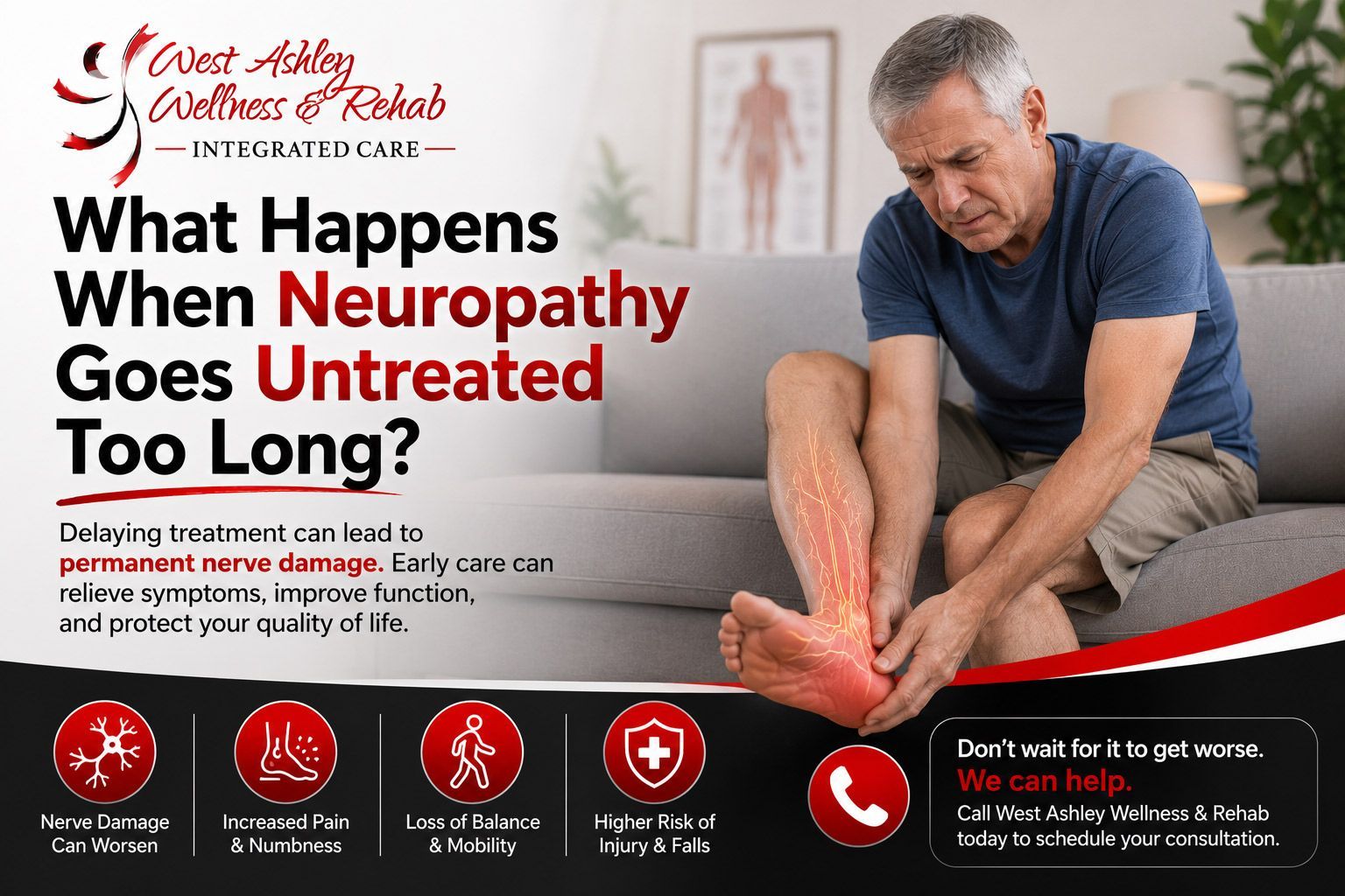 Man with foot pain sitting on couch; poster says untreated neuropathy can cause serious foot damage.
